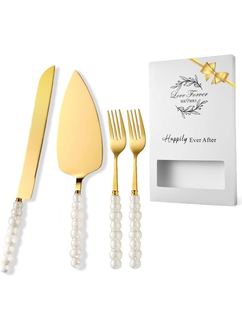 LBMT 4 PCS Pearl Cake Serving Set,Wedding Cake Knife and Server Set with Forks,Cake Cutting Set with Stainless Steel Serrated Edges Pearl Handle Cake Cutting Set ,Stainless Steel PieCutter Pizza Spatula, Wedding/Birthday/Anniversary Bridal Gift, Engagement Gift for Couples (Gold) - Image 1